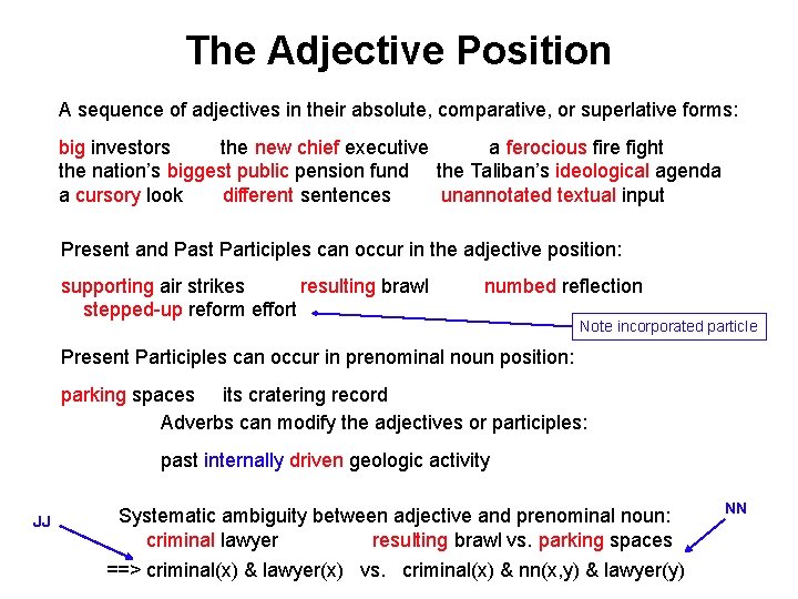 The Adjective Position A sequence of adjectives in their absolute, comparative, or superlative forms: