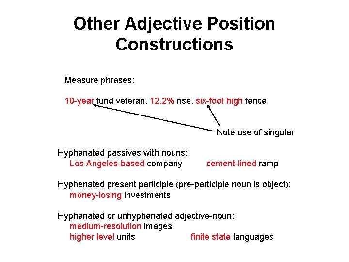 Other Adjective Position Constructions Measure phrases: 10 -year fund veteran, 12. 2% rise, six-foot