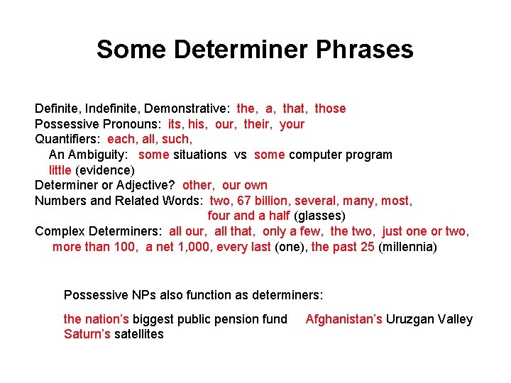 Some Determiner Phrases Definite, Indefinite, Demonstrative: the, a, that, those Possessive Pronouns: its, his,