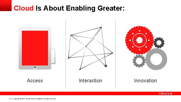 Cloud Is About Enabling Greater: Access 13 Copyright © 2012, Oracle and/or its affiliates. Cloud Is About Enabling Greater: Access 13 Copyright © 2012, Oracle and/or its affiliates.