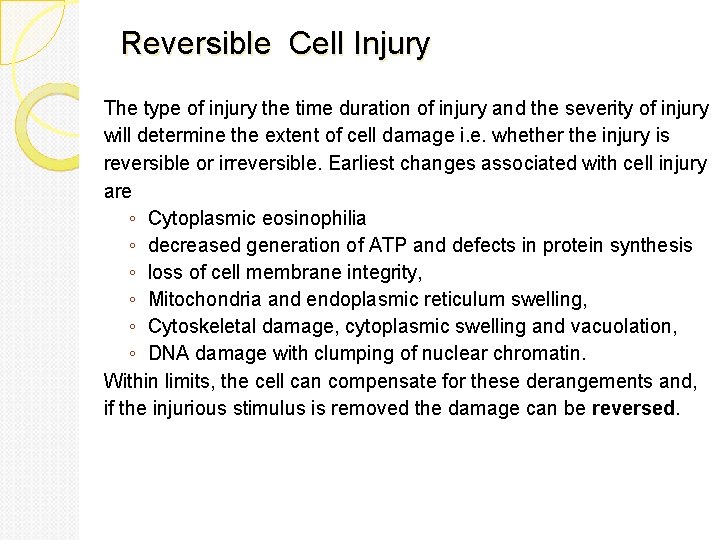 Reversible Cell Injury The type of injury the time duration of injury and the