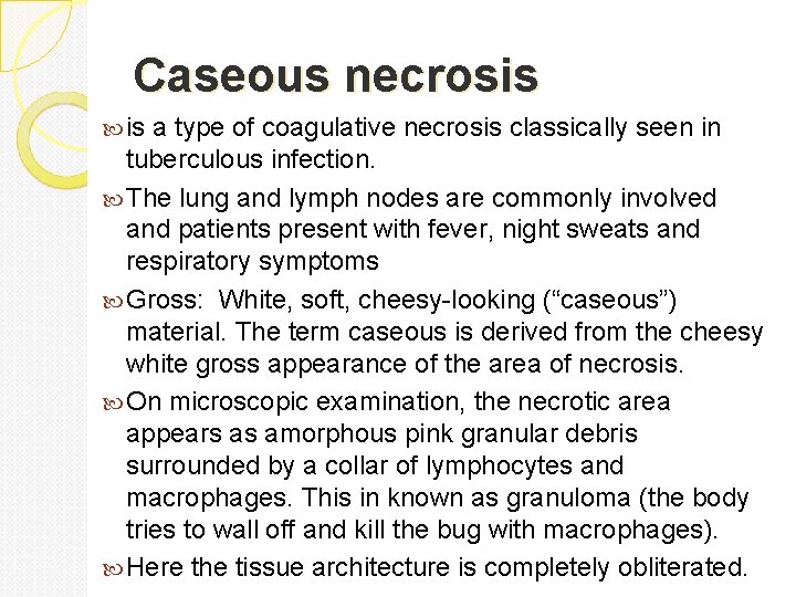 Caseous necrosis is a type of coagulative necrosis classically seen in tuberculous infection. The