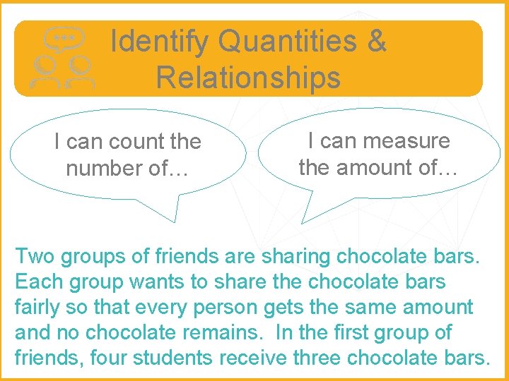 Identify Quantities & Relationships I can count the number of… I can measure the