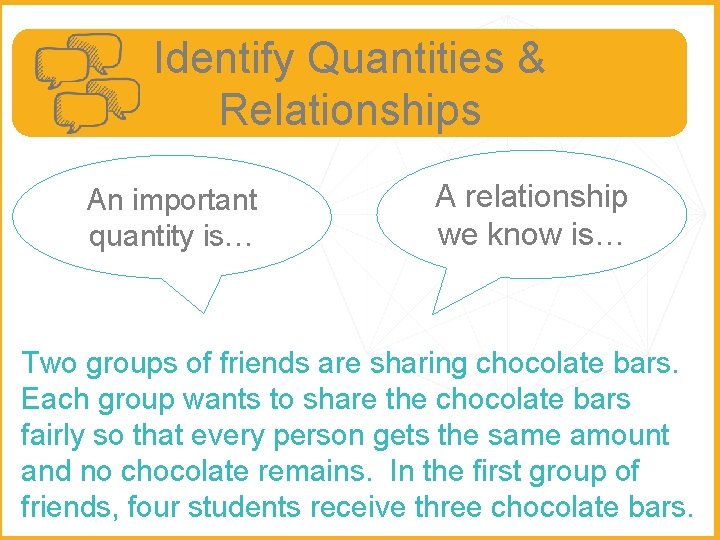 Identify Quantities & Relationships An important quantity is… A relationship we know is… Two
