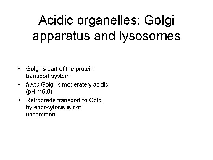 Acidic organelles: Golgi apparatus and lysosomes • Golgi is part of the protein transport