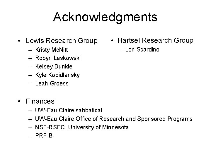 Acknowledgments • Lewis Research Group – – – Kristy Mc. Nitt Robyn Laskowski Kelsey