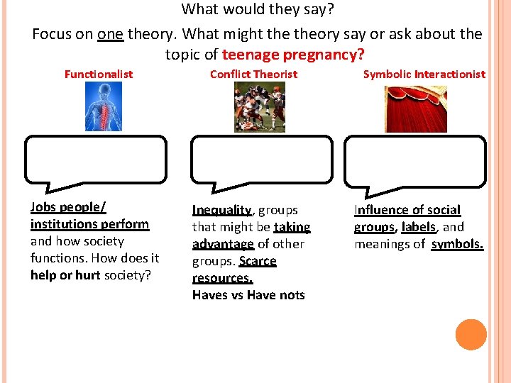 What would they say? Focus on one theory. What might theory say or ask What would they say? Focus on one theory. What might theory say or ask