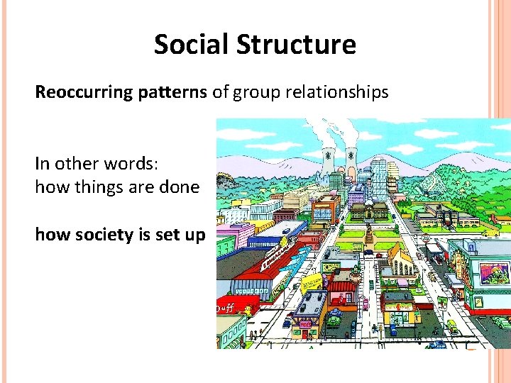 Social Structure Reoccurring patterns of group relationships In other words: how things are done Social Structure Reoccurring patterns of group relationships In other words: how things are done