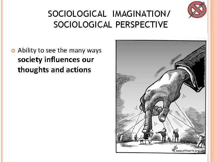 SOCIOLOGICAL IMAGINATION/ SOCIOLOGICAL PERSPECTIVE Ability to see the many ways society influences our thoughts SOCIOLOGICAL IMAGINATION/ SOCIOLOGICAL PERSPECTIVE Ability to see the many ways society influences our thoughts
