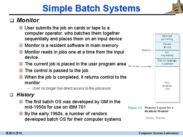 Simple Batch Systems q Monitor User submits the job on cards or tape to