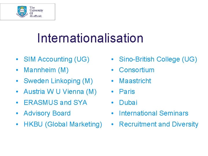 Internationalisation • SIM Accounting (UG) • Sino-British College (UG) • Mannheim (M) • Consortium