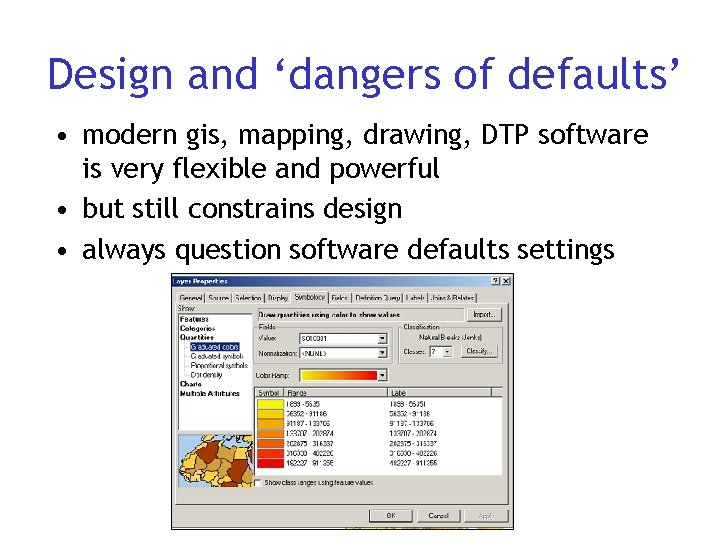 Design and ‘dangers of defaults’ • modern gis, mapping, drawing, DTP software is very