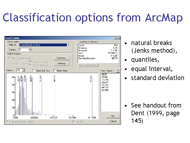 Classification options from Arc. Map • natural breaks (Jenks method), • quantiles, • equal