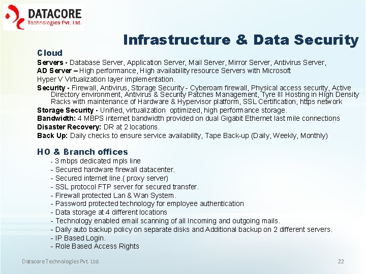 Cloud Infrastructure & Data Security Servers - Database Server, Application Server, Mail Server, Mirror