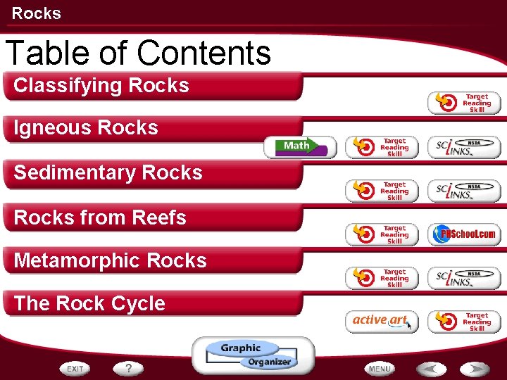 Rocks Table of Contents Classifying Rocks Igneous Rocks Sedimentary Rocks from Reefs Metamorphic Rocks