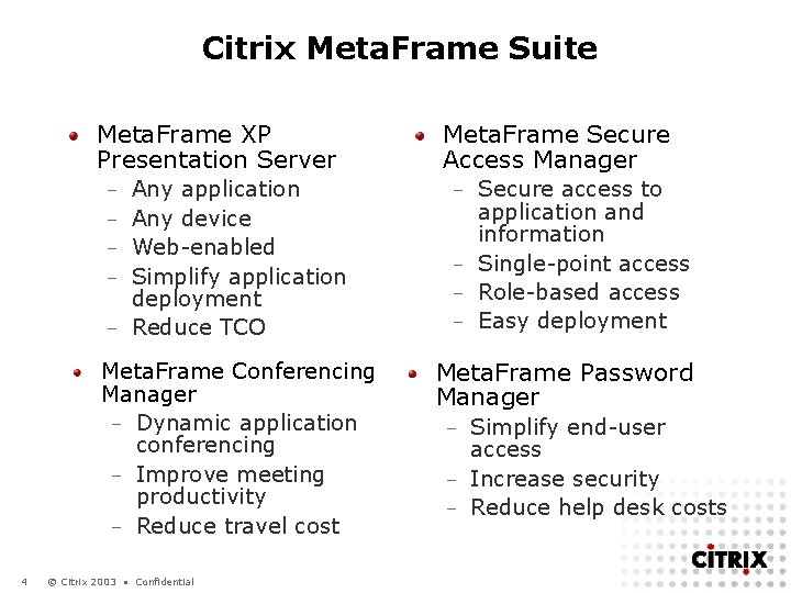 Citrix Meta. Frame Suite Meta. Frame XP Presentation Server – – – Any application