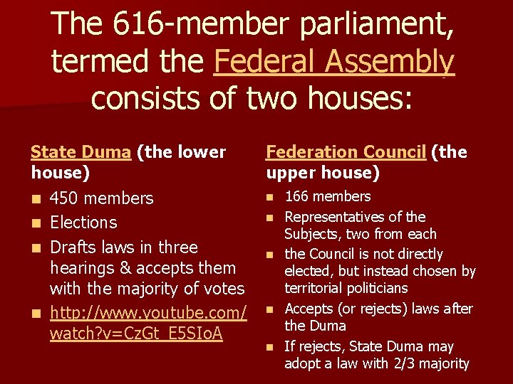The 616 -member parliament, termed the Federal Assembly consists of two houses: State Duma