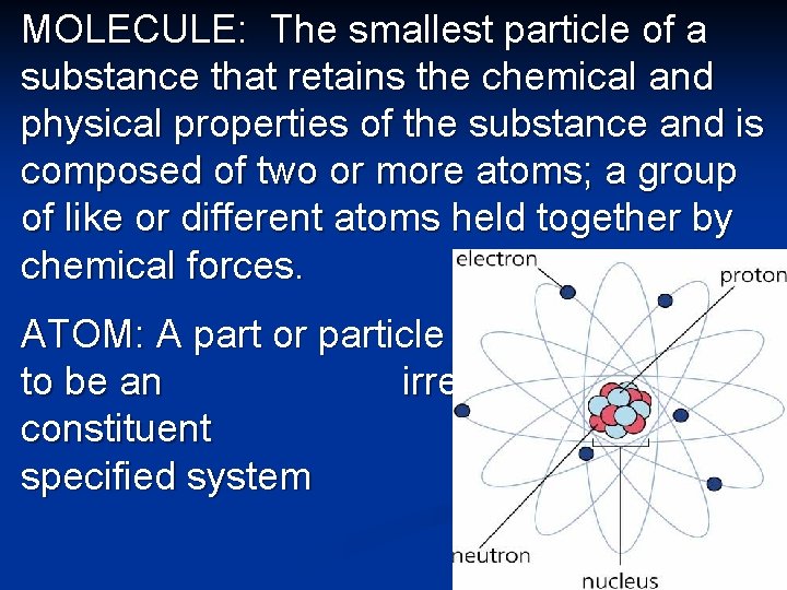 MOLECULE: The smallest particle of a substance that retains the chemical and physical properties