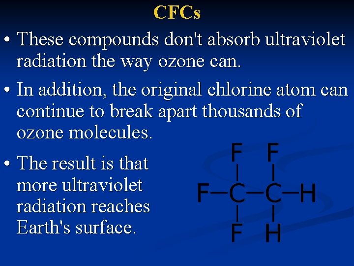 CFCs • These compounds don't absorb ultraviolet radiation the way ozone can. • In