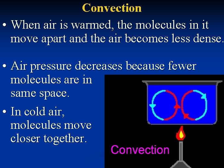 Convection • When air is warmed, the molecules in it move apart and the