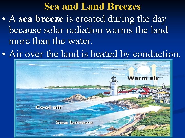 Sea and Land Breezes • A sea breeze is created during the day because