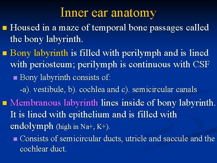 Inner ear anatomy Housed in a maze of temporal bone passages called the bony