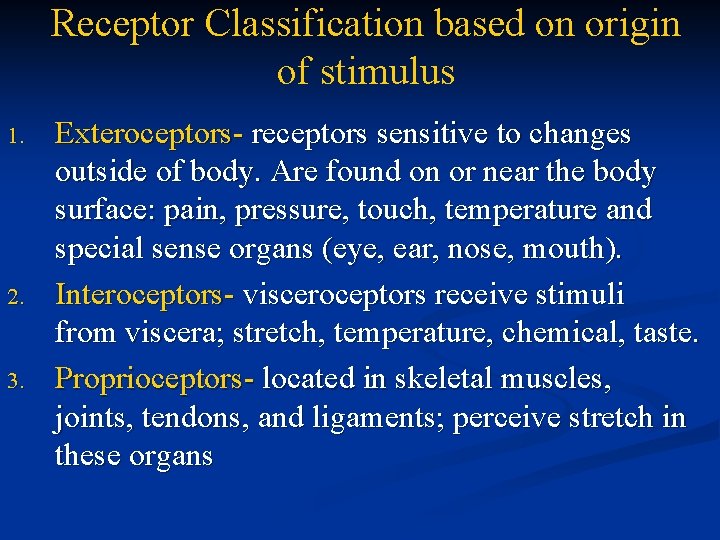 Receptor Classification based on origin of stimulus 1. 2. 3. Exteroceptors- receptors sensitive to