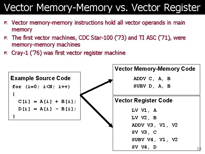 Vector Memory-Memory vs. Vector Register ã Vector memory-memory instructions hold all vector operands in