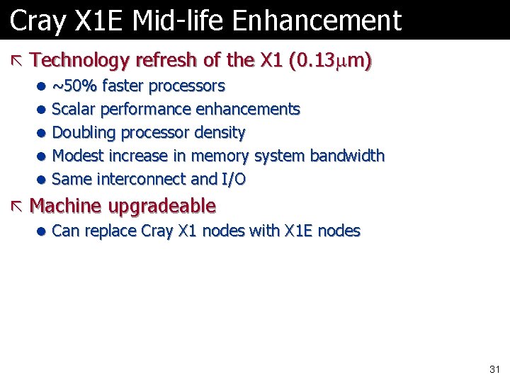 Cray X 1 E Mid-life Enhancement ã Technology refresh of the X 1 (0.