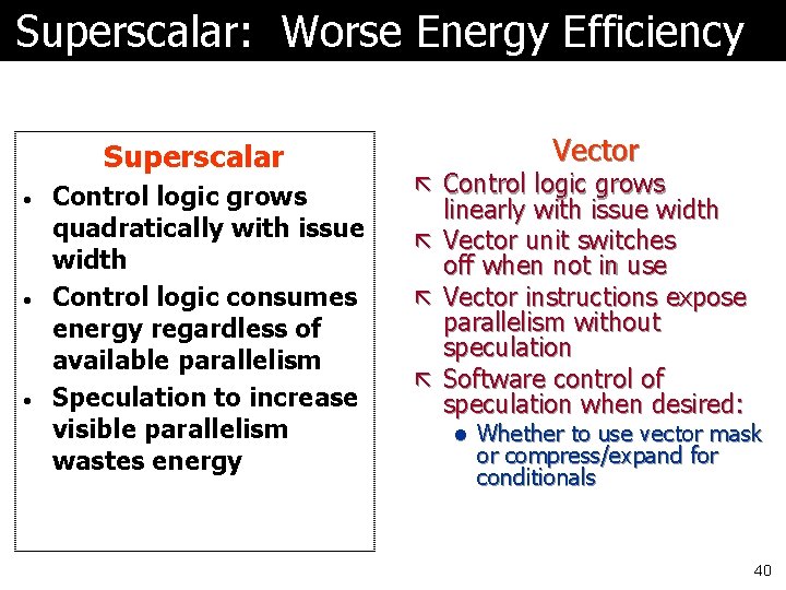 Superscalar: Worse Energy Efficiency Superscalar • • • Control logic grows quadratically with issue