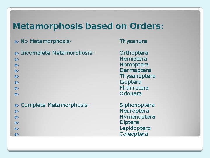 Metamorphosis based on Orders: No Metamorphosis- Thysanura Incomplete Metamorphosis- Orthoptera Hemiptera Homoptera Dermaptera Thysanoptera