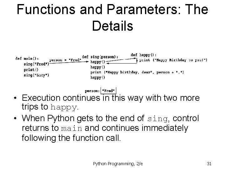 Functions and Parameters: The Details • Execution continues in this way with two more