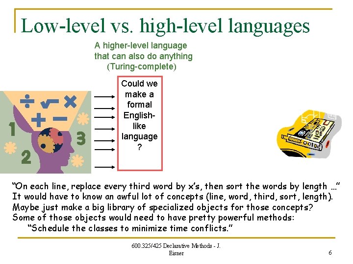 Low-level vs. high-level languages A higher-level language that can also do anything (Turing-complete) Could