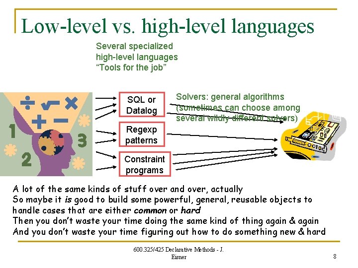 Low-level vs. high-level languages Several specialized high-level languages “Tools for the job” SQL or