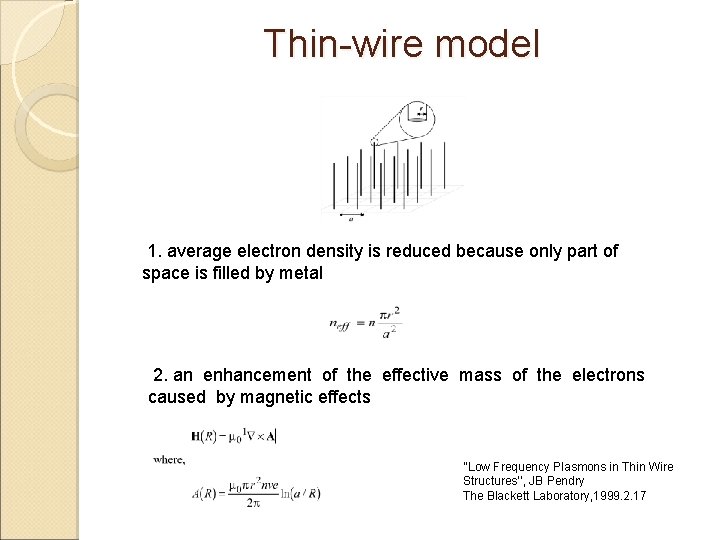 Thin-wire model 1. average electron density is reduced because only part of space is