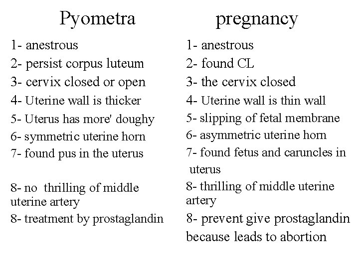 Pyometra pregnancy 1 - anestrous 2 - persist corpus luteum 3 - cervix closed