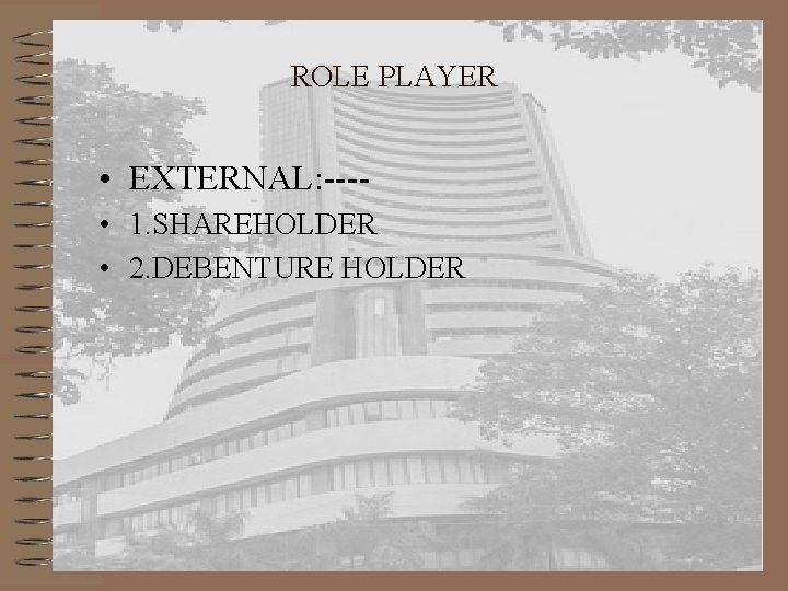 ROLE PLAYER • EXTERNAL: --- • 1. SHAREHOLDER • 2. DEBENTURE HOLDER 