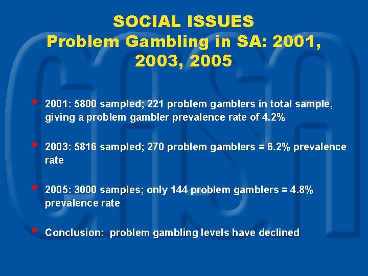 SOCIAL ISSUES Problem Gambling in SA: 2001, 2003, 2005 • • 2001: 5800 sampled;