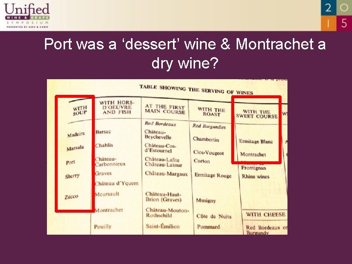 Port was a ‘dessert’ wine & Montrachet a dry wine? 