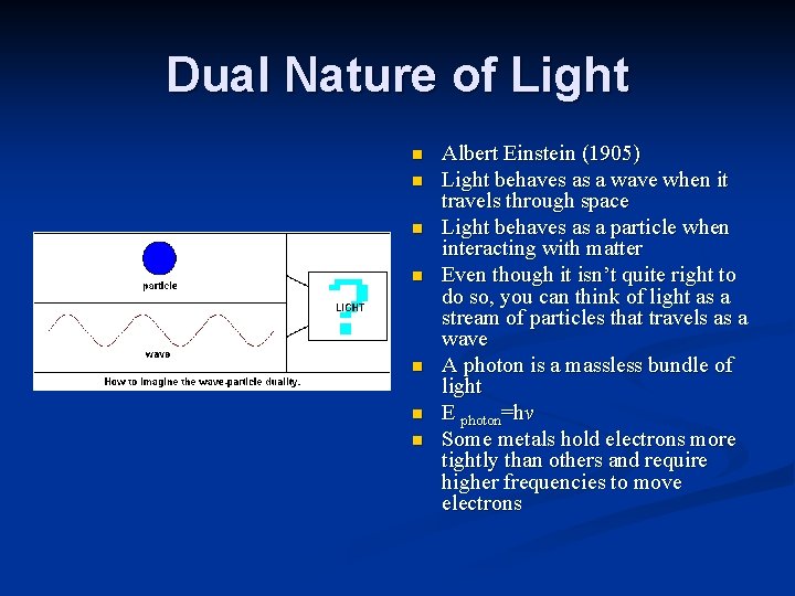 Dual Nature of Light n n n n Albert Einstein (1905) Light behaves as