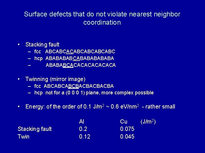 Surface defects that do not violate nearest neighbor coordination • Stacking fault – fcc