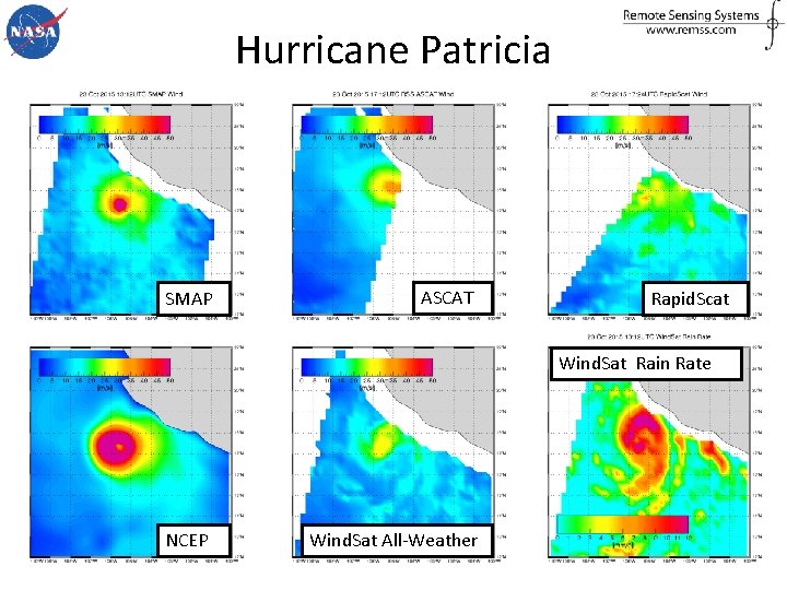 Hurricane Patricia SMAP ASCAT Rapid. Scat Wind. Sat Rain Rate NCEP Wind. Sat All-Weather
