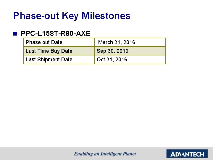 Phase-out Key Milestones n PPC-L 158 T-R 90 -AXE Phase out Date March 31,