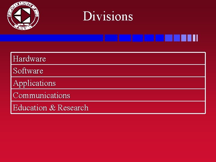 Divisions Hardware Software Applications Communications Education & Research 