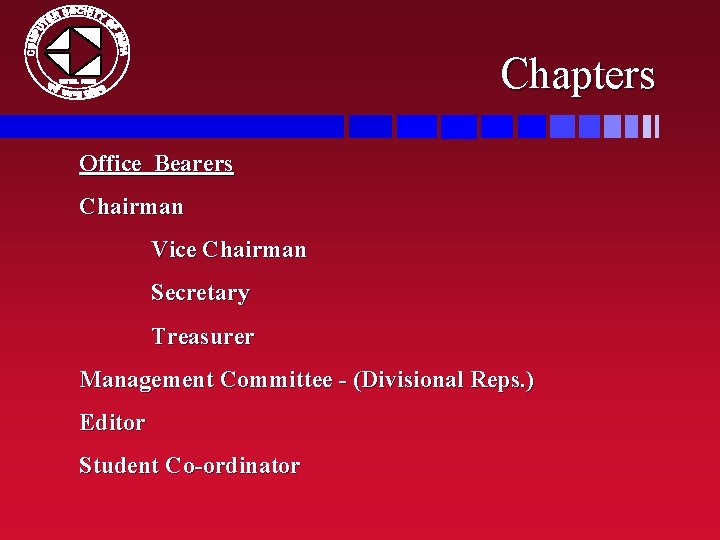 Chapters Office Bearers Chairman Vice Chairman Secretary Treasurer Management Committee - (Divisional Reps. )
