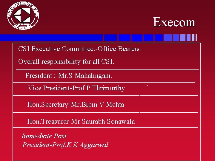 Execom CSI Executive Committee: -Office Bearers Overall responsibility for all CSI. President : -Mr.