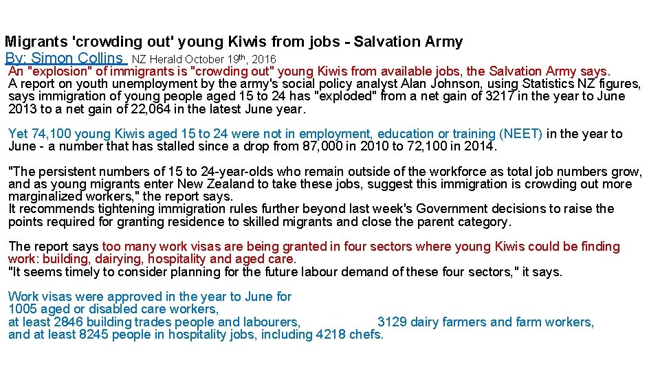 Migrants 'crowding out' young Kiwis from jobs - Salvation Army By: Simon Collins NZ