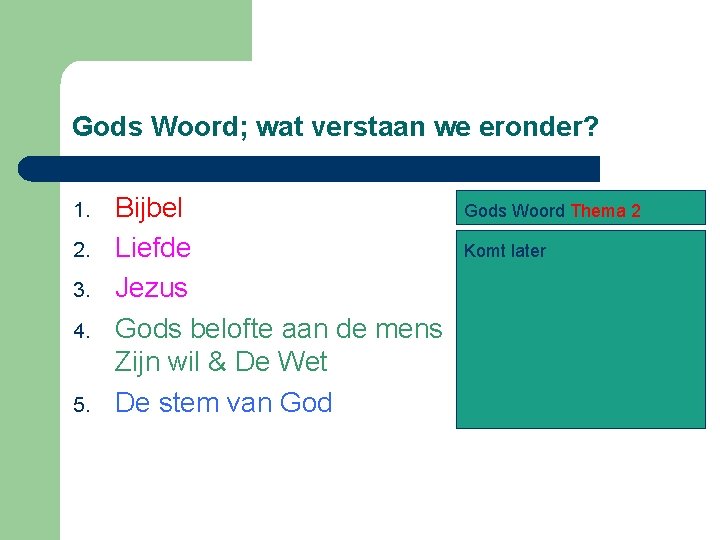 Gods Woord; wat verstaan we eronder? 1. 2. 3. 4. 5. Bijbel Liefde Jezus