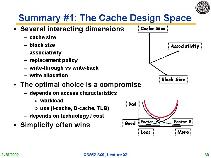 Summary #1: The Cache Design Space • Several interacting dimensions – – – Cache