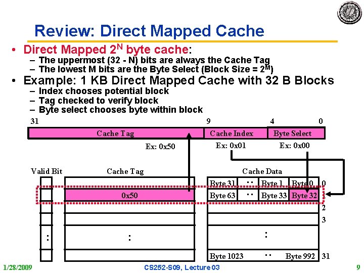 Review: Direct Mapped Cache • Direct Mapped 2 N byte cache: – The uppermost